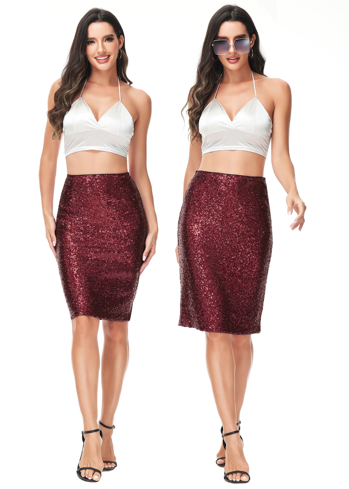 Falda midi de cóctel con lentejuelas brillantes 