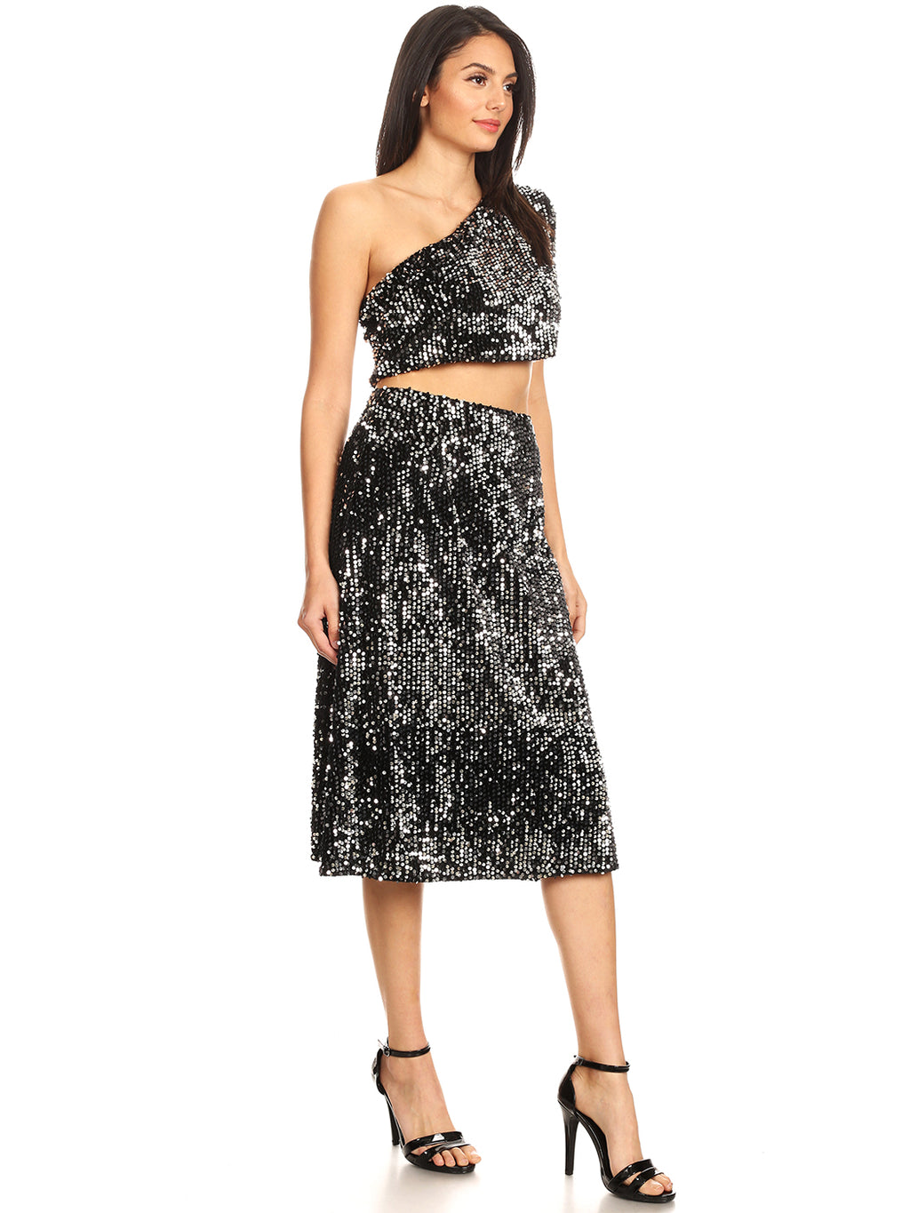 Blusa de cóctel con lentejuelas brillantes y falda larga