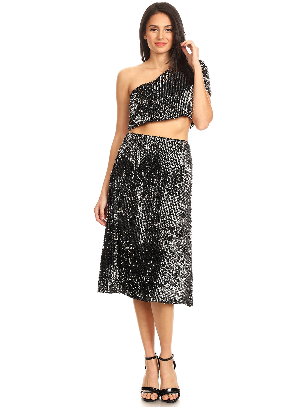 Blusa de cóctel con lentejuelas brillantes y falda larga