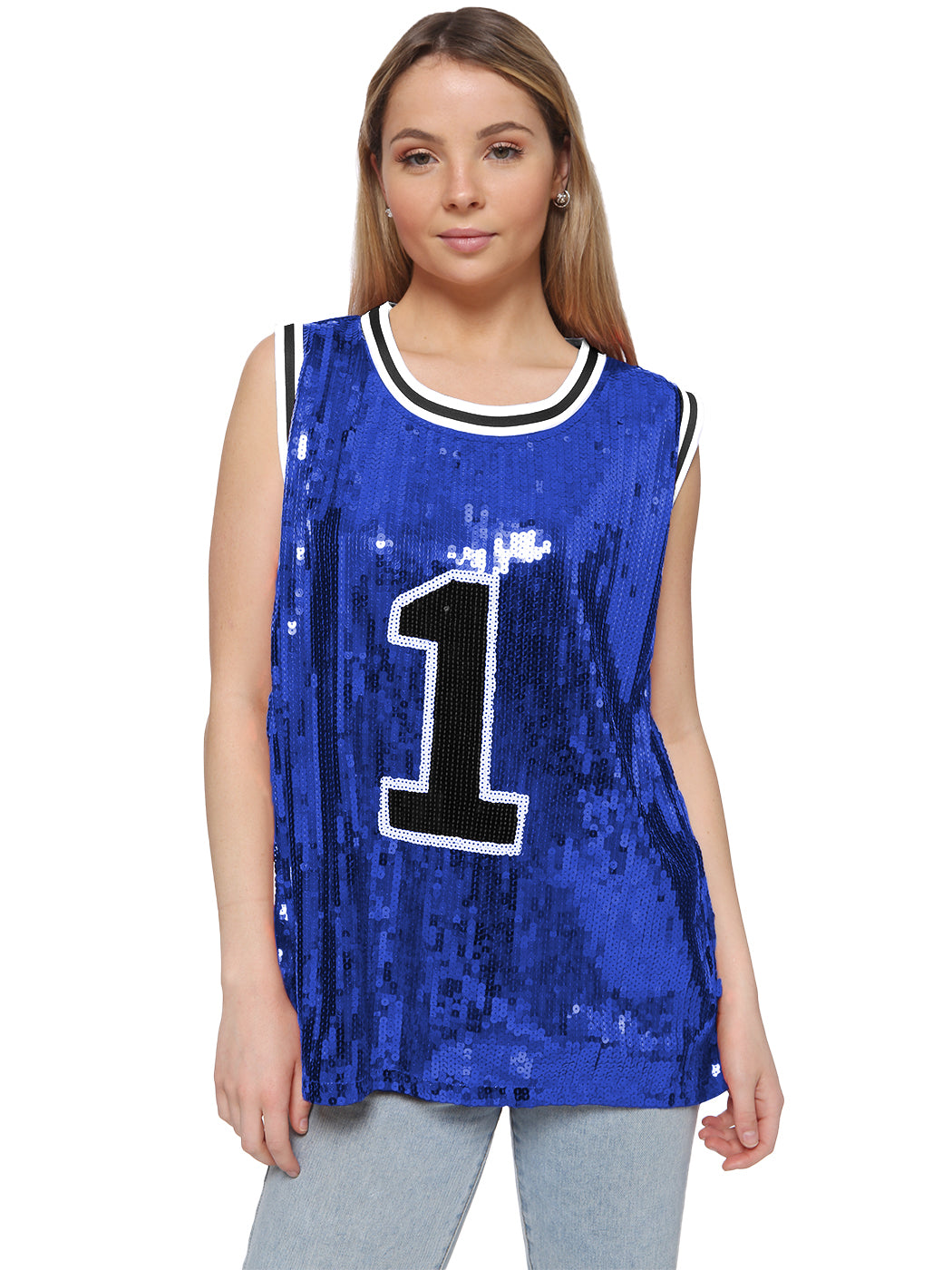 Camiseta con número 1 de hip hop y purpurina brillante, blusa tipo túnica, lentejuelas, camiseta sin mangas de baloncesto