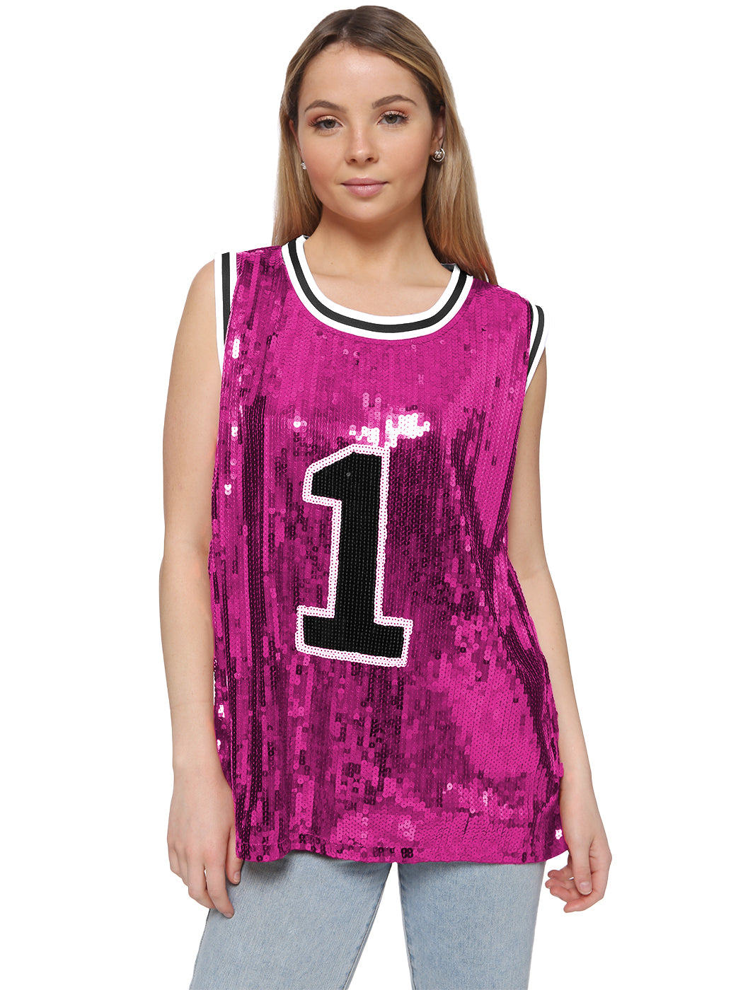 Camiseta con número 1 de hip hop y purpurina brillante, blusa tipo túnica, lentejuelas, camiseta sin mangas de baloncesto