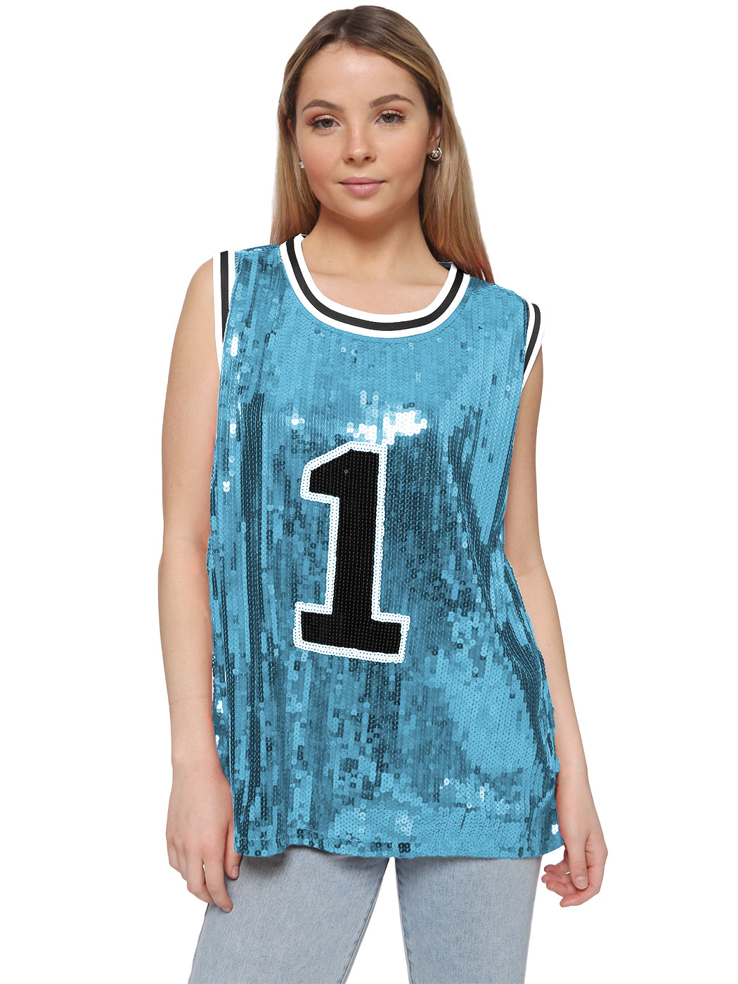 Camiseta con número 1 de hip hop y purpurina brillante, blusa tipo túnica, lentejuelas, camiseta sin mangas de baloncesto