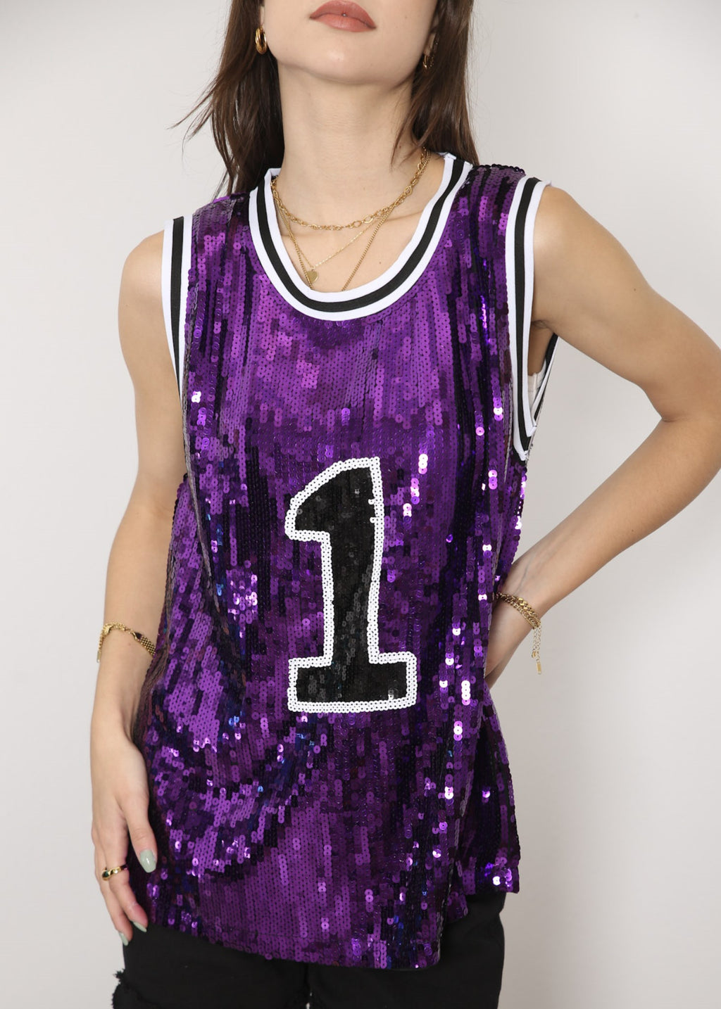 Sparkle Glitter Hip Hop Number 1 T-Shirt Top Blouse Tunic Sequins Basketball Tank Vests