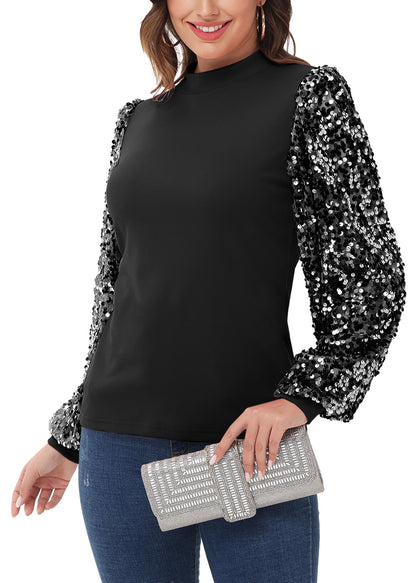 Sequin Balloon Long Sleeve Mock Neck Pullover