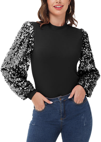 Sequin Balloon Long Sleeve Mock Neck Pullover