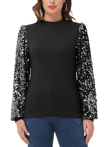 Sequin Balloon Long Sleeve Mock Neck Pullover