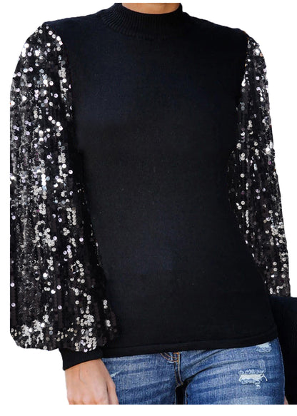 Sequin Balloon Long Sleeve Mock Neck Pullover