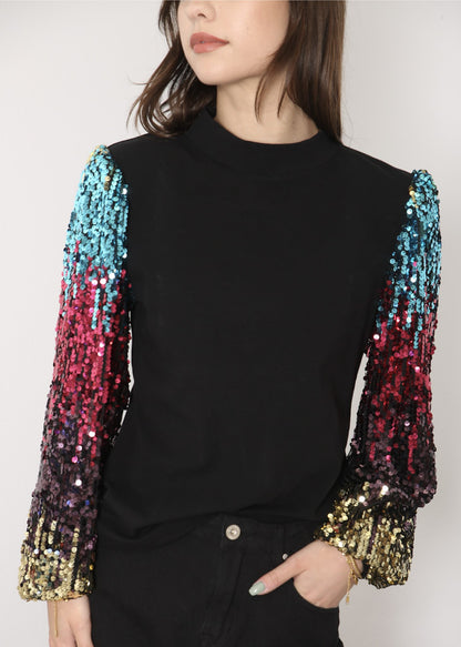 Sequin Balloon Long Sleeve Mock Neck Pullover