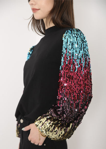 Sequin Balloon Long Sleeve Mock Neck Pullover