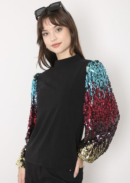 Sequin Balloon Long Sleeve Mock Neck Pullover