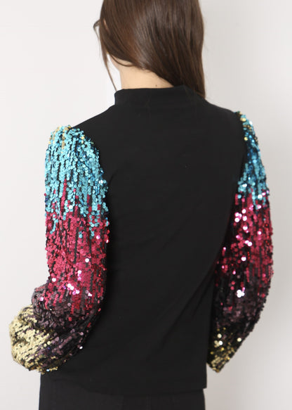 Sequin Balloon Long Sleeve Mock Neck Pullover