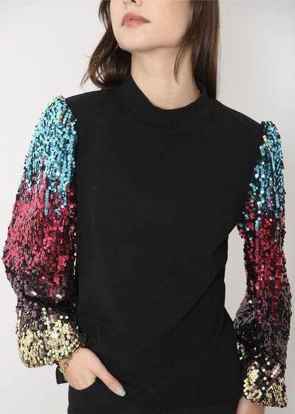 Sequin Balloon Long Sleeve Mock Neck Pullover