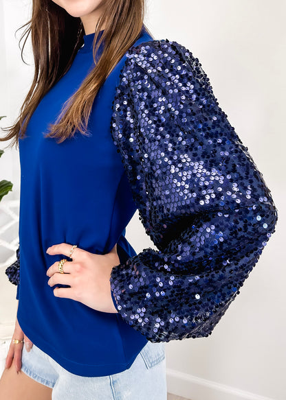 Sequin Balloon Long Sleeve Mock Neck Pullover