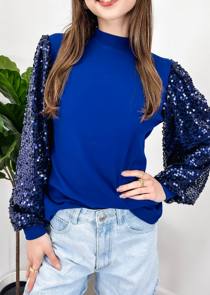 Sequin Balloon Long Sleeve Mock Neck Pullover