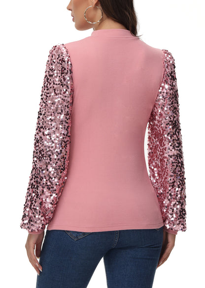 Sequin Balloon Long Sleeve Mock Neck Pullover