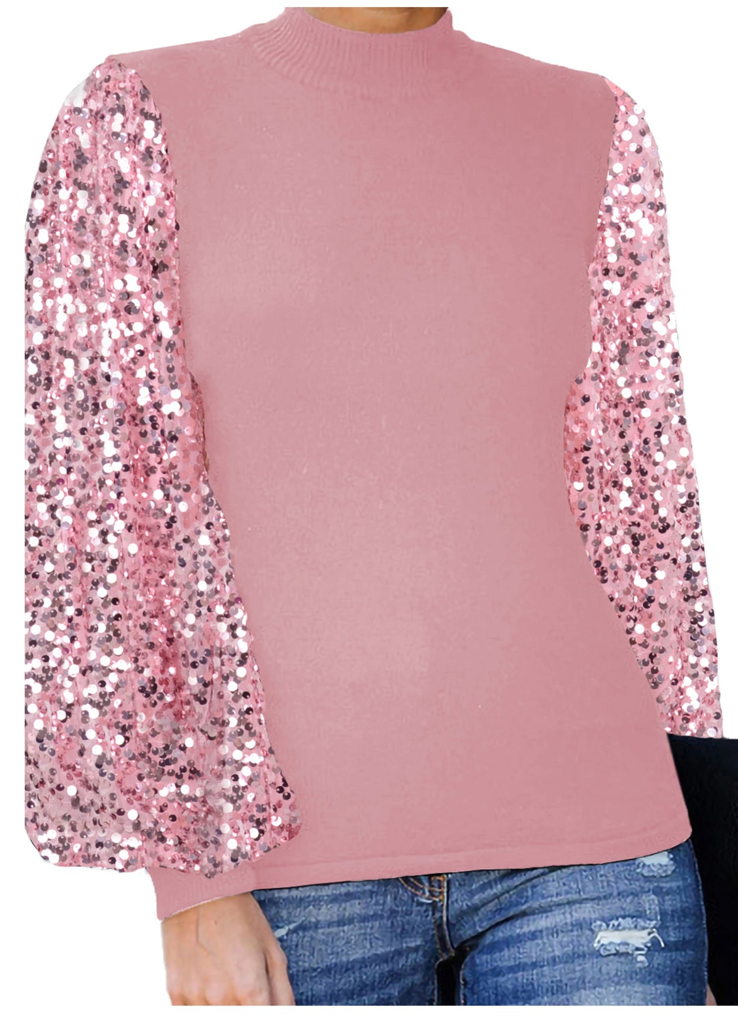 Sequin Puffed Long Sleeve Mock Neck Pullover