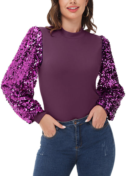 Sequin Balloon Long Sleeve Mock Neck Pullover