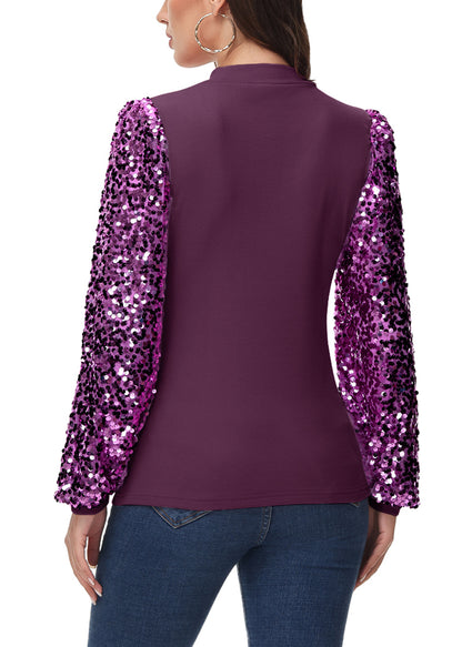 Sequin Balloon Long Sleeve Mock Neck Pullover