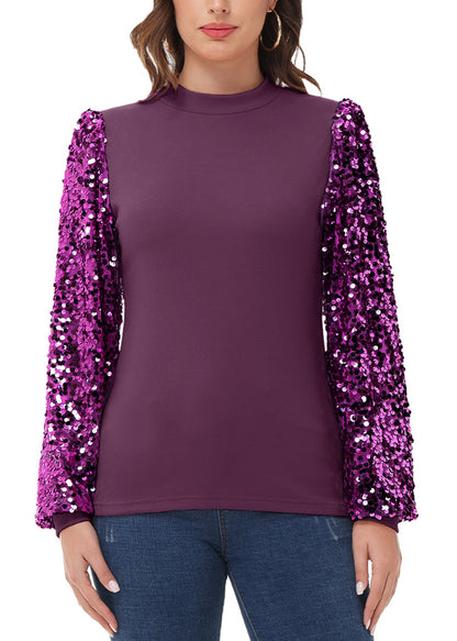 Sequin Balloon Long Sleeve Mock Neck Pullover