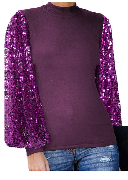 Sequin Puffed Long Sleeve Mock Neck Pullover