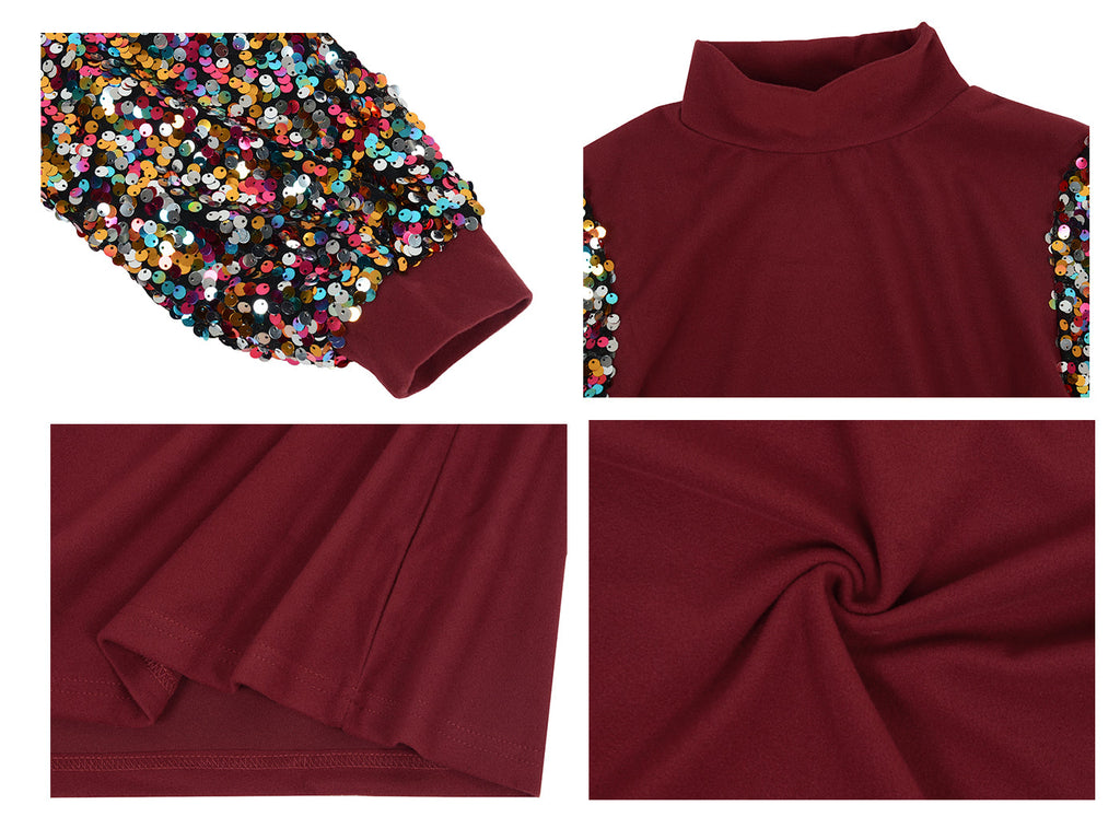 Sequin Puffed Long Sleeve Mock Neck Pullover