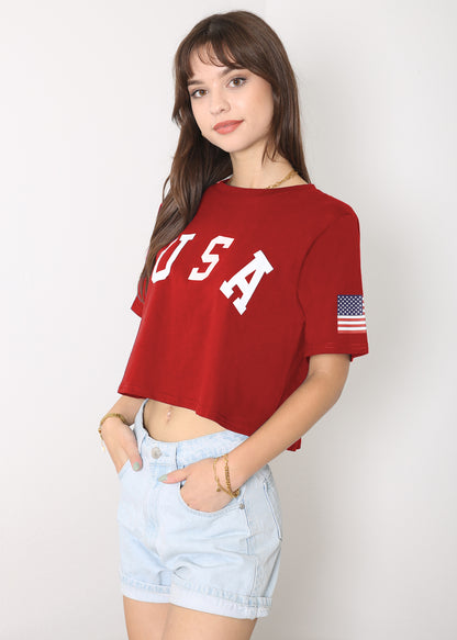 Camiseta de manga corta con estampado de letras para mujer de Anna-Kaci con la bandera de EE. UU. del 4 de julio 