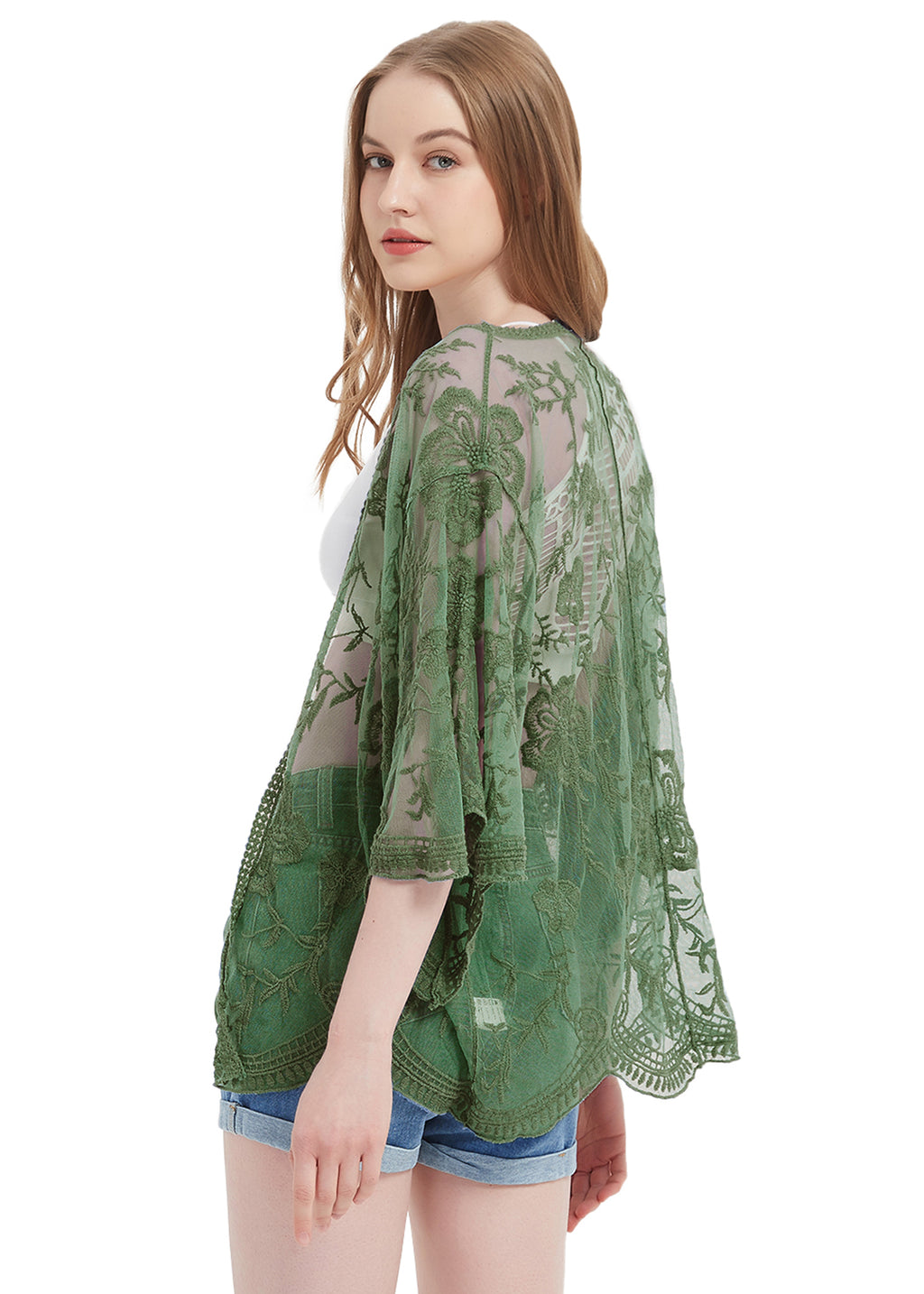 Cárdigan corto tipo kimono con encaje bordado y medias mangas 