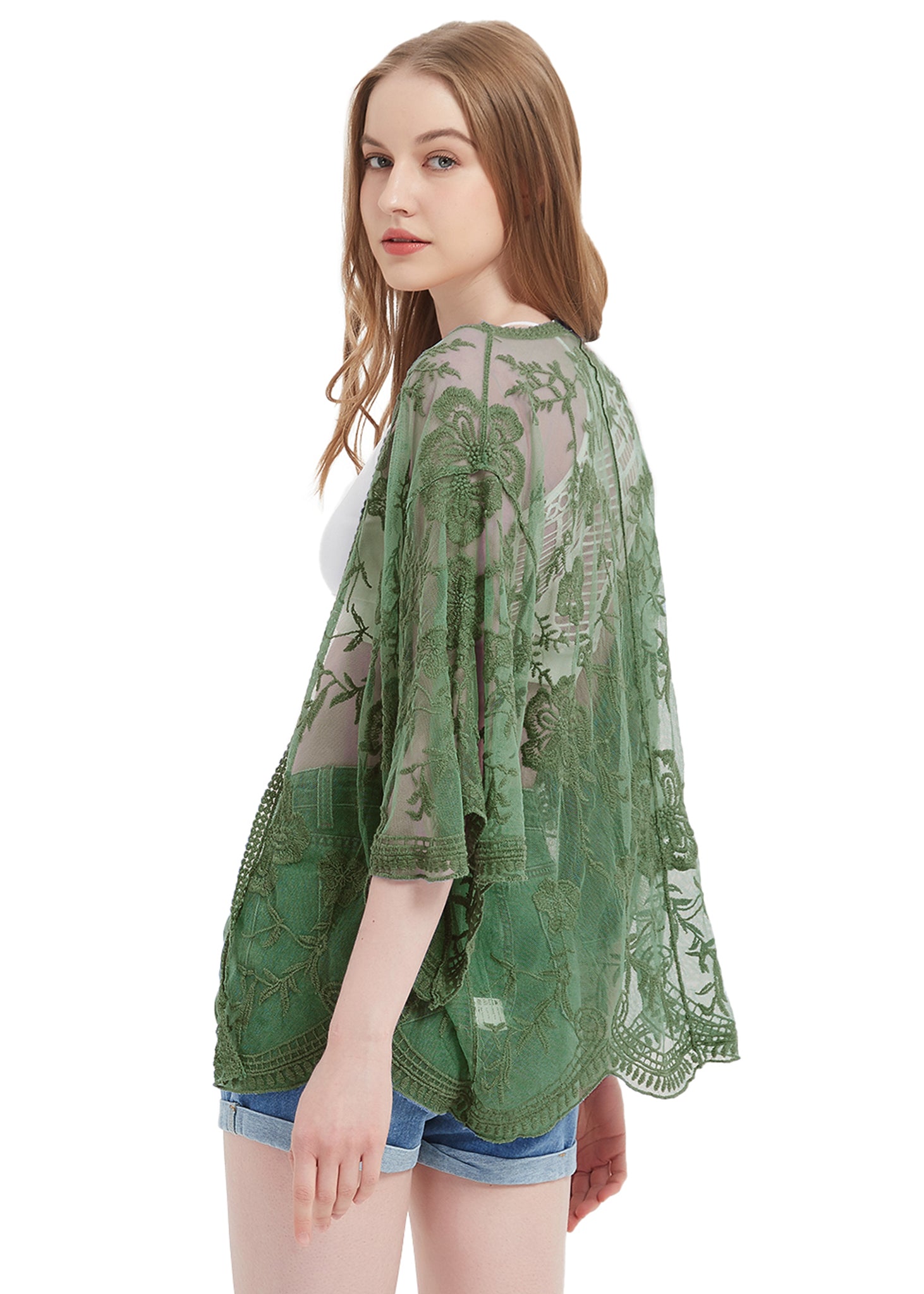 Cárdigan corto tipo kimono con encaje bordado y medias mangas 