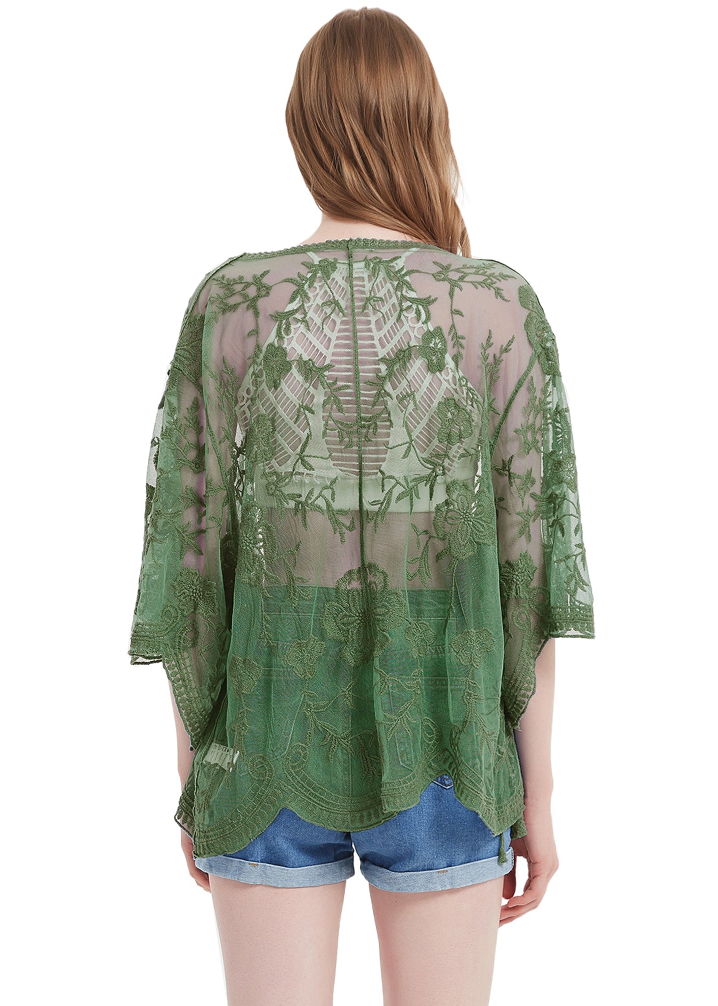 Cárdigan corto tipo kimono con encaje bordado y medias mangas 