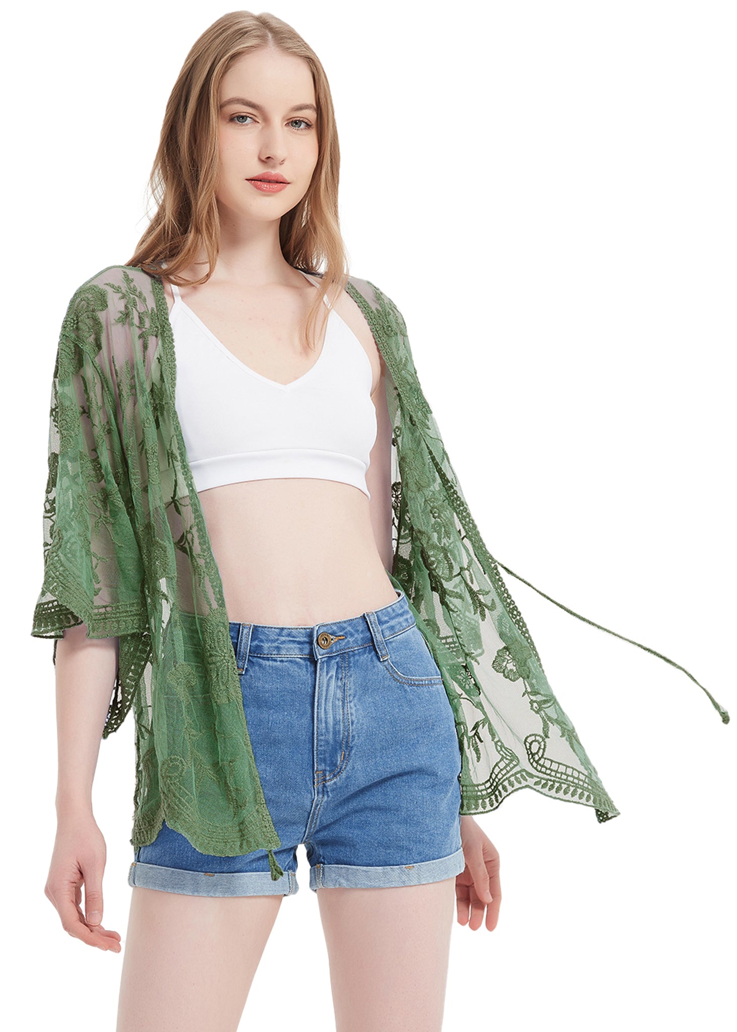 Cárdigan corto tipo kimono con encaje bordado y medias mangas 