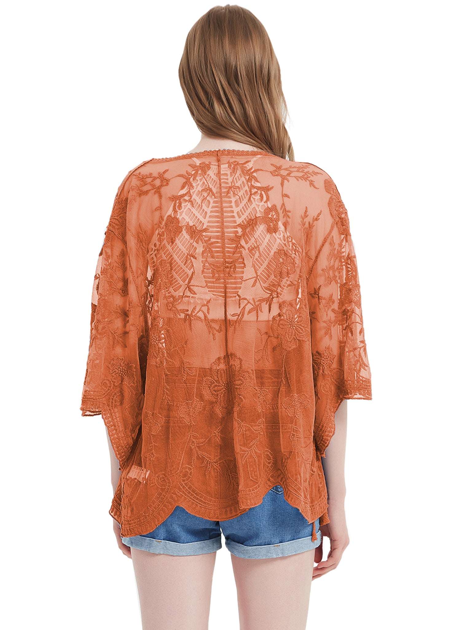 Cárdigan corto tipo kimono con encaje bordado y medias mangas 