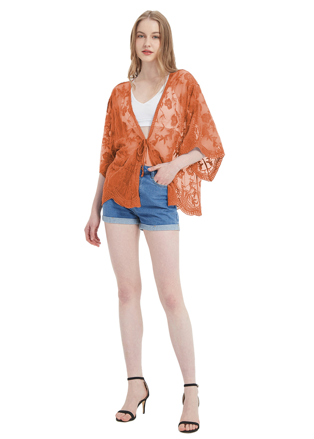 Cárdigan corto tipo kimono con encaje bordado y medias mangas 