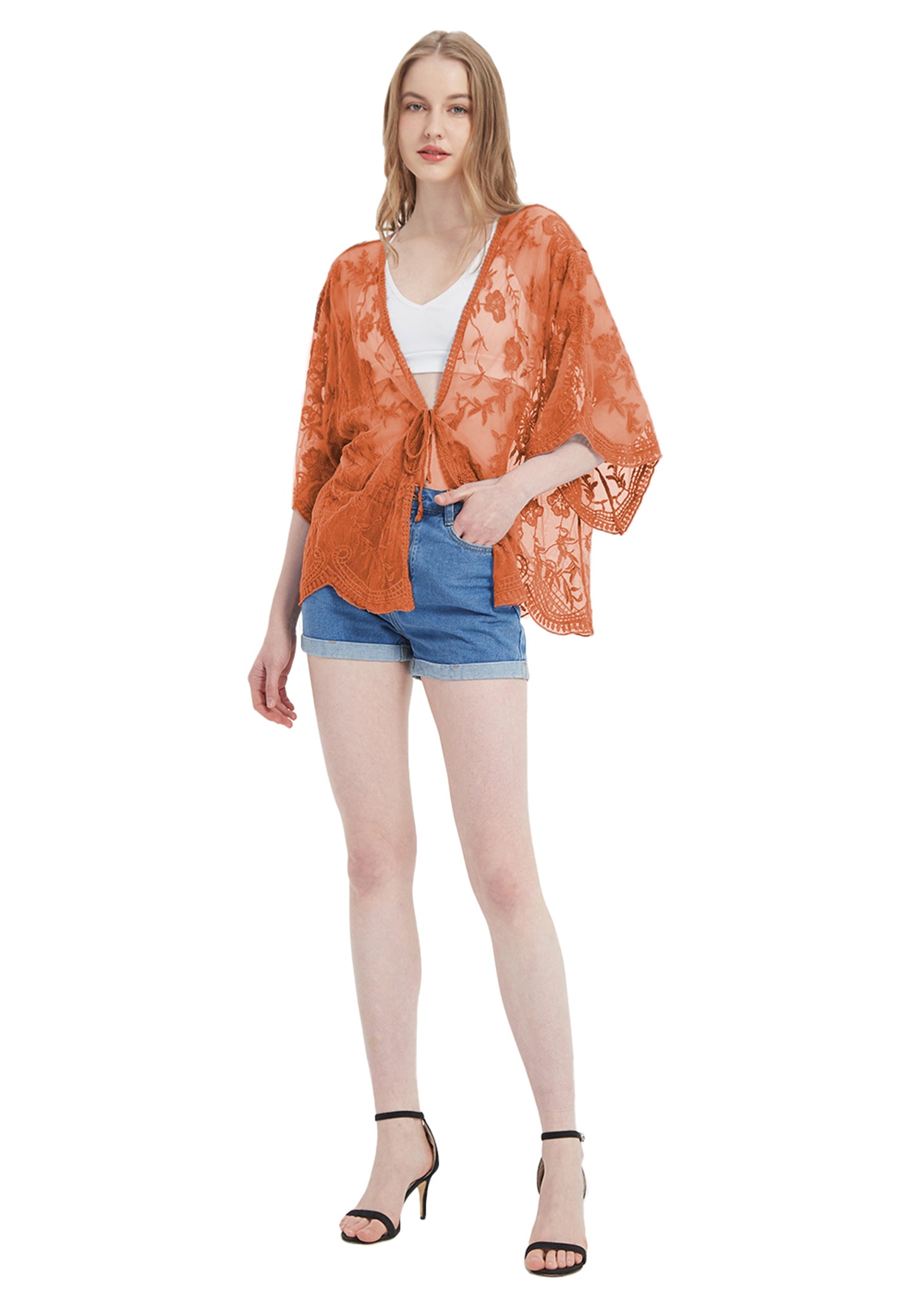 Cárdigan corto tipo kimono con encaje bordado y medias mangas 