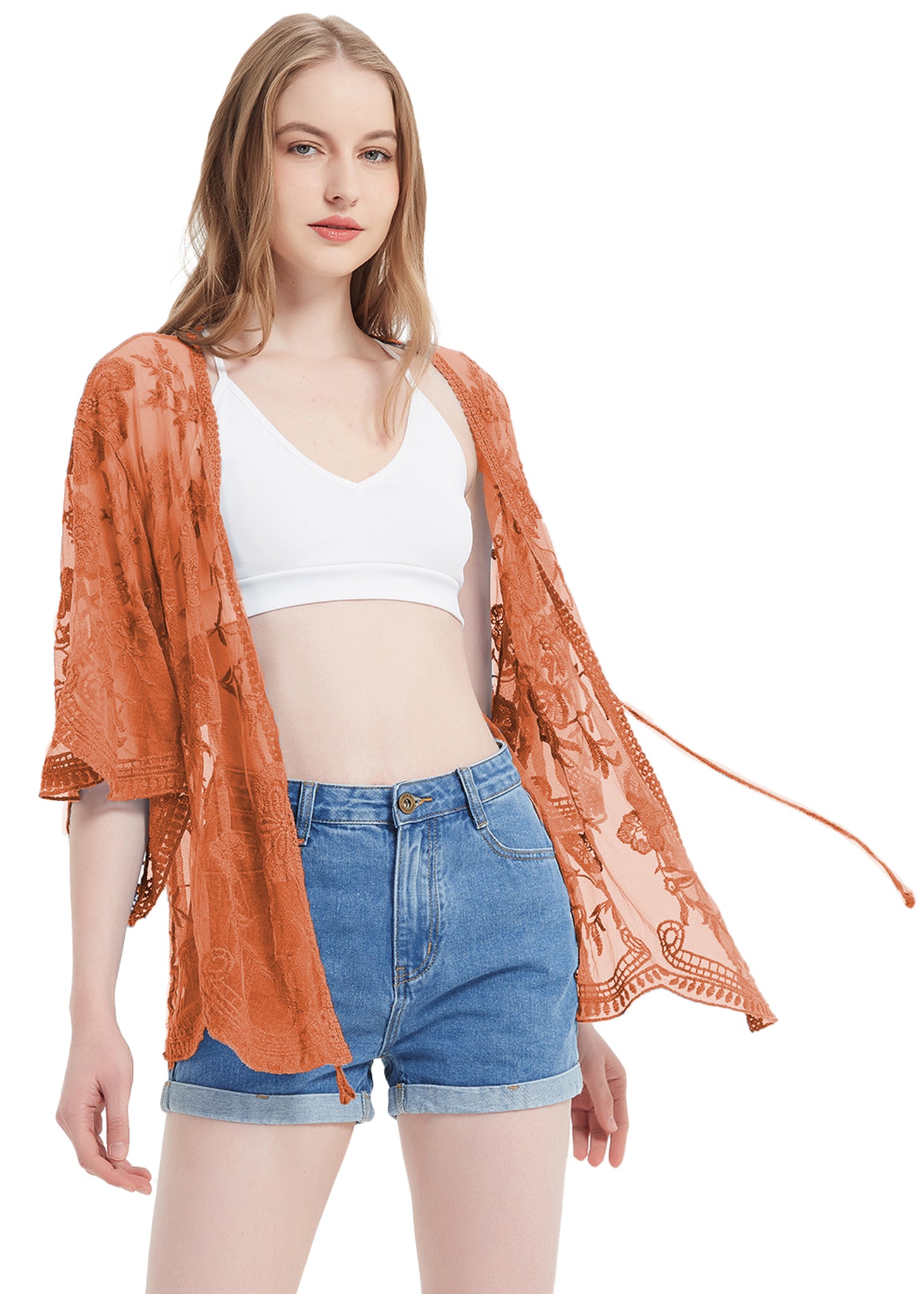 Cárdigan corto tipo kimono con encaje bordado y medias mangas 