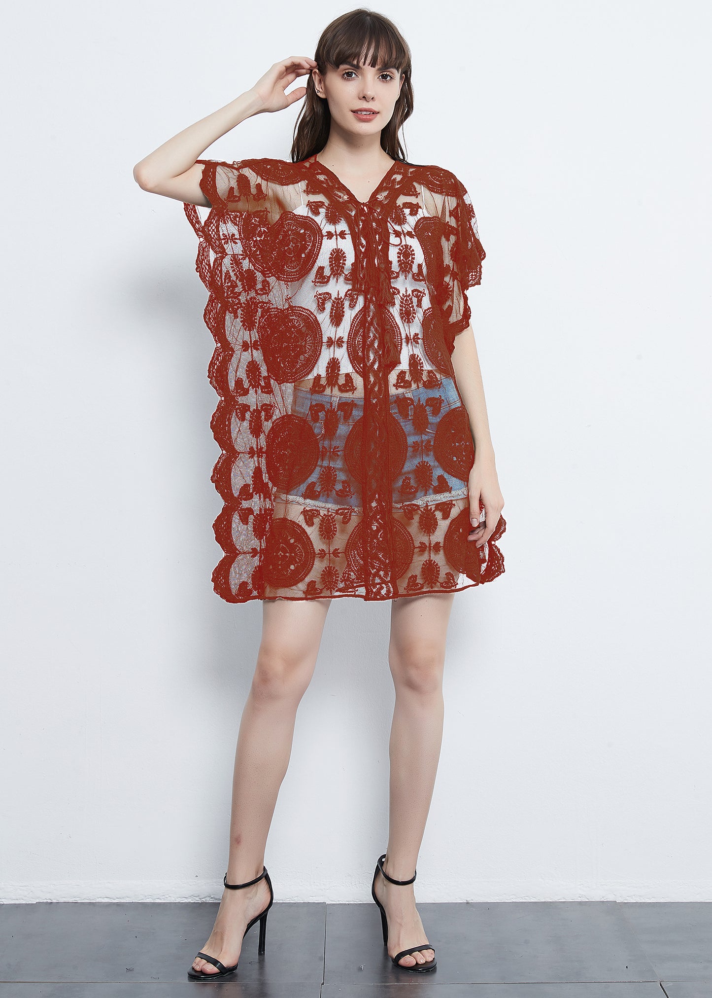 Embroidered Mesh Sheer Midi Dress