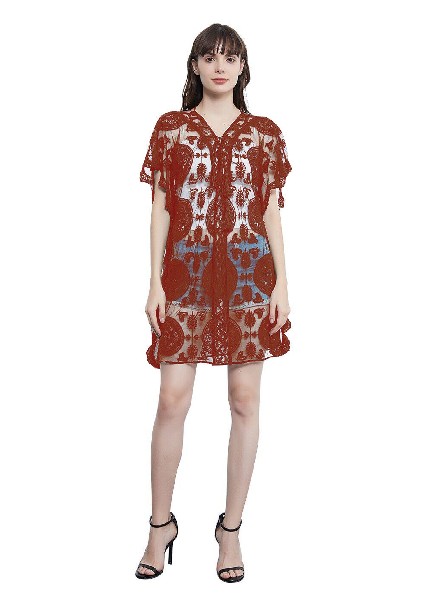 Vestido midi transparente de malla bordada