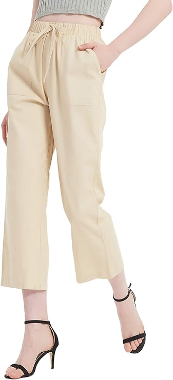 Solid Linen Cropped Pants Loose Drawstring Trousers with 4 Pockets Elastic Waist