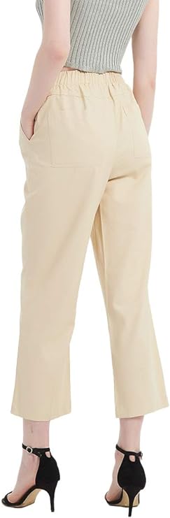 Pantalones capri de lino liso con cordón ajustable y cintura elástica de 4 bolsillos