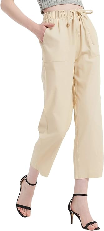 Pantalones capri de lino liso con cordón ajustable y cintura elástica de 4 bolsillos
