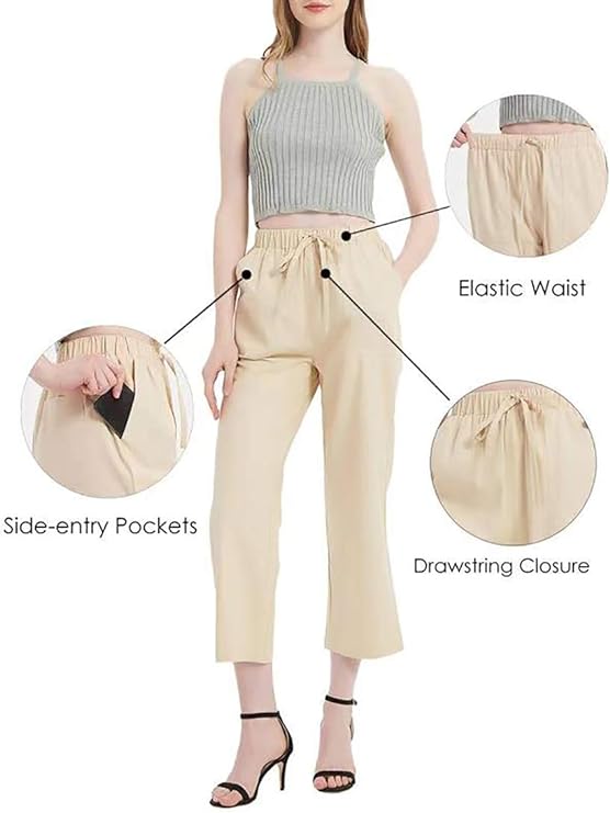 Solid Linen Cropped Pants Loose Drawstring Trousers with 4 Pockets Elastic Waist