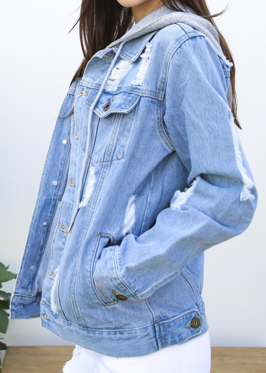 Detachable Hoodie Denim Distressed Jean Jacket