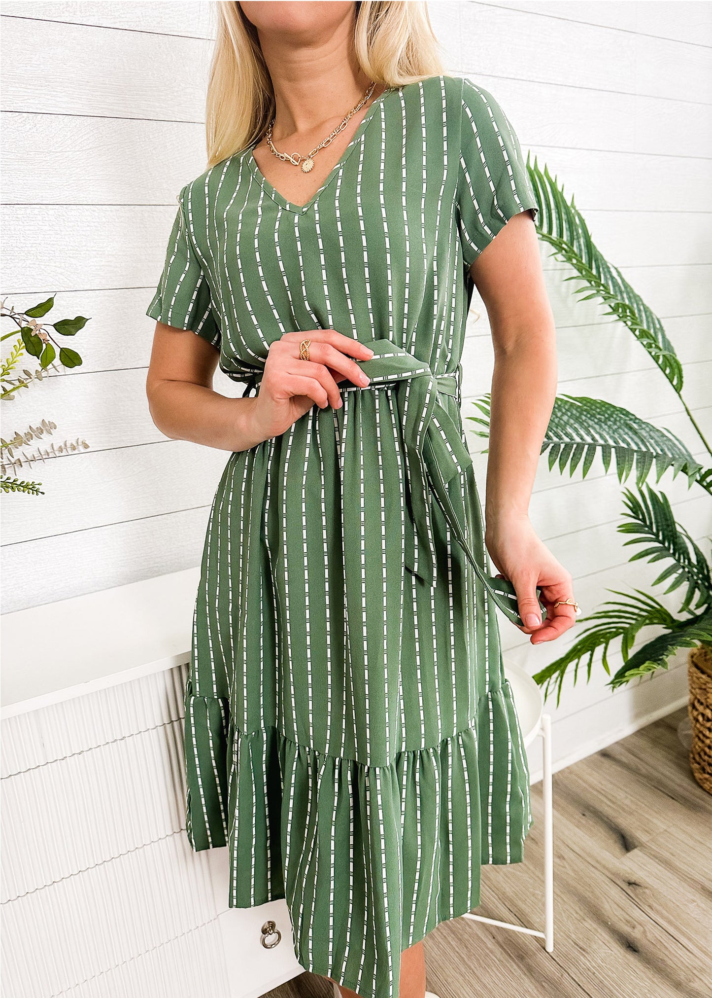 Anna-Kac Vertical Striped Short Sleeve Ruffle Flowy Swing Dress With Belt
