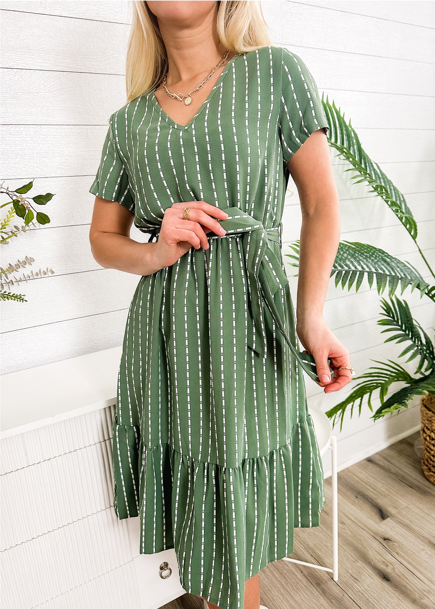 Anna-Kac Vertical Striped Short Sleeve Ruffle Flowy Swing Dress With B   Anna-Kaci