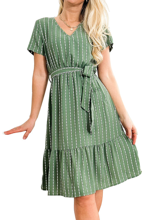 Anna-Kac Vertical Striped Short Sleeve Ruffle Flowy Swing Dress With Belt