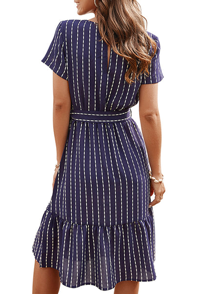 Anna-Kac Vertical Striped Short Sleeve Ruffle Flowy Swing Dress With Belt
