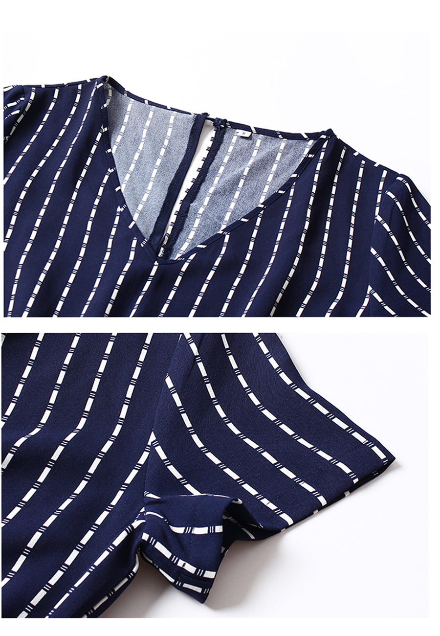 Vestido fluido con volantes y mangas cortas con rayas verticales y cinturón de Anna-Kac 