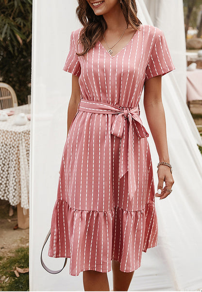 Anna-Kac Vertical Striped Short Sleeve Ruffle Flowy Swing Dress With Belt