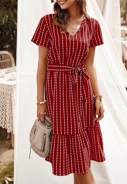 Anna-Kac Vertical Striped Short Sleeve Ruffle Flowy Swing Dress With Belt