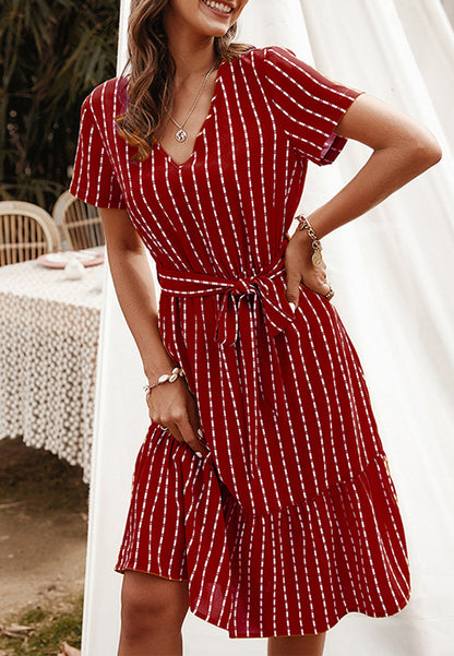 Anna-Kac Vertical Striped Short Sleeve Ruffle Flowy Swing Dress With Belt