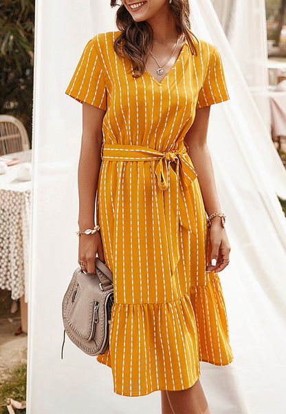 Anna-Kac Vertical Striped Short Sleeve Ruffle Flowy Swing Dress With Belt